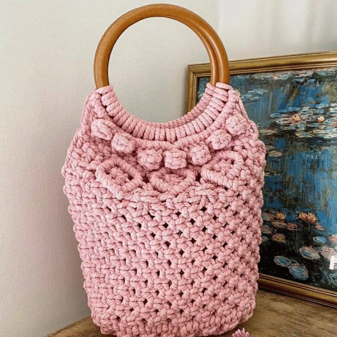 Pink Round Handle Macramé Bag