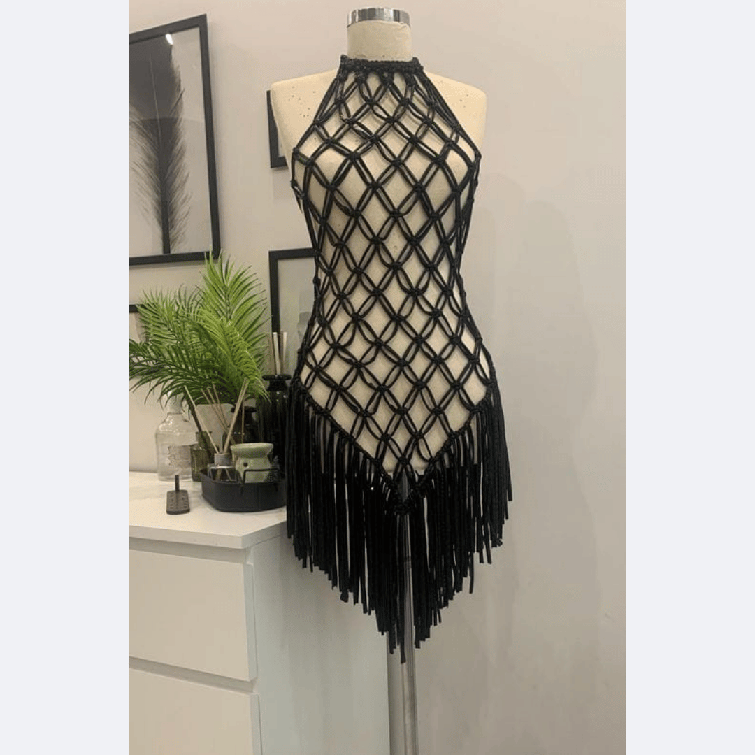 Black Net-Style Macramé Dress