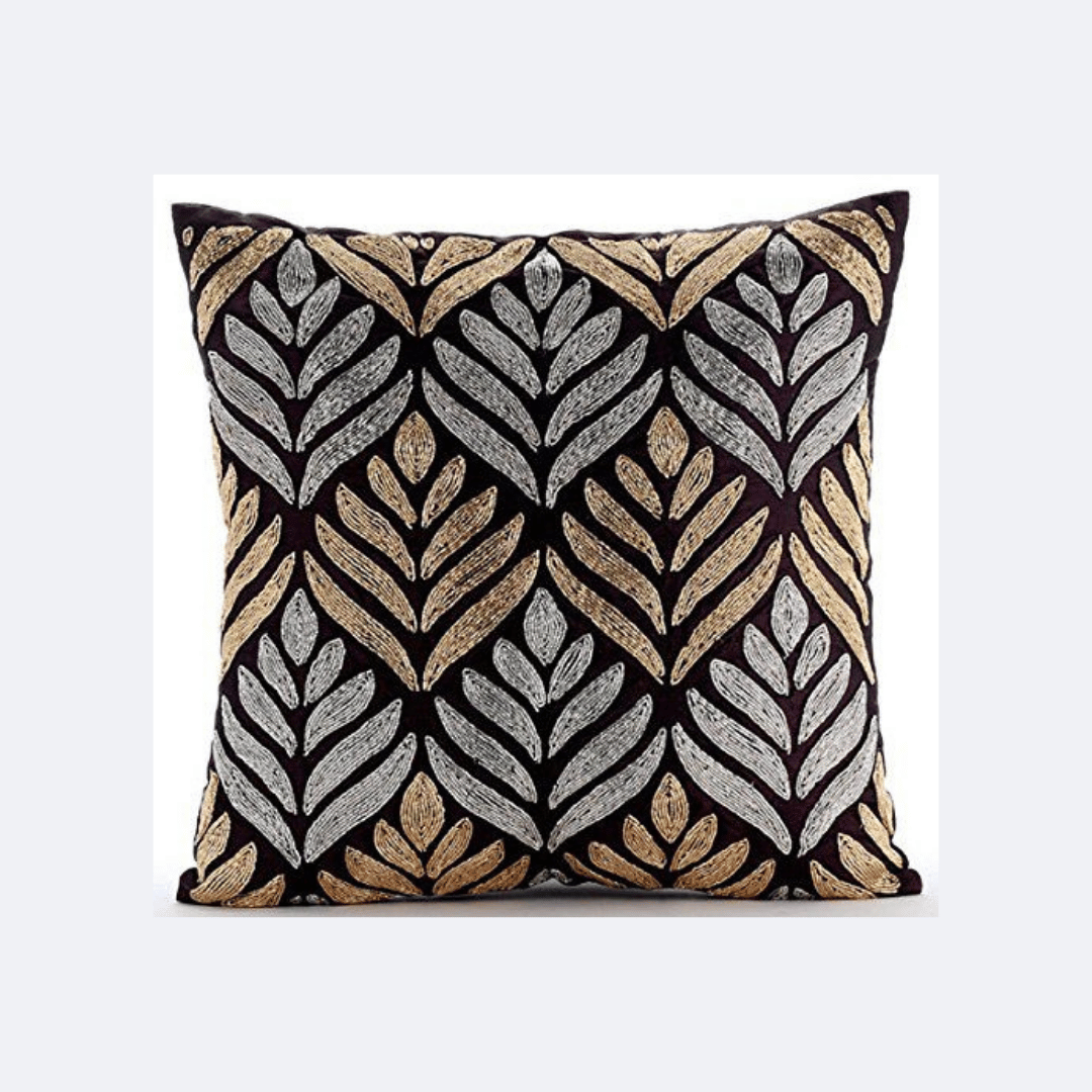 Black & Gold Leaf Beaded Cushion Cover