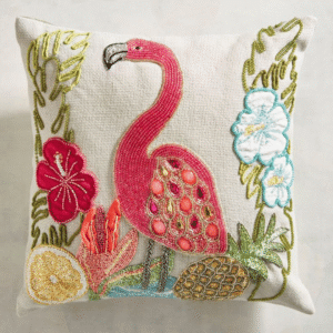 Flamingo Embroidered Beaded Cushion Cover