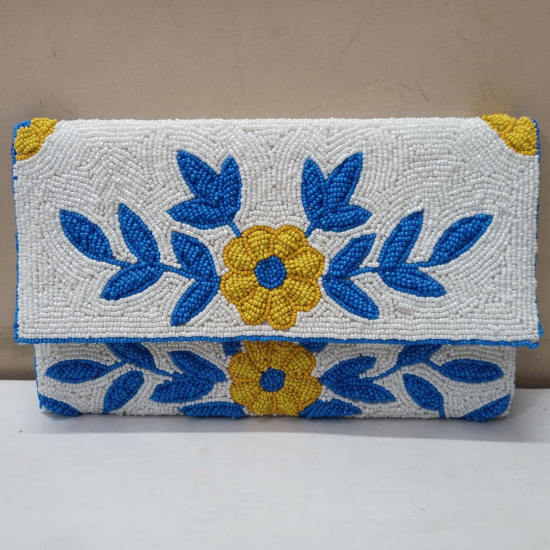 Blue Floral Beaded Clutch – Handcrafted Evening Elegance