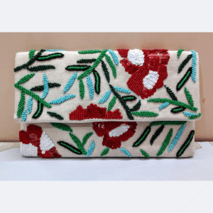Red Floral Beaded Fold Clutch – Traditional Bloom Motif