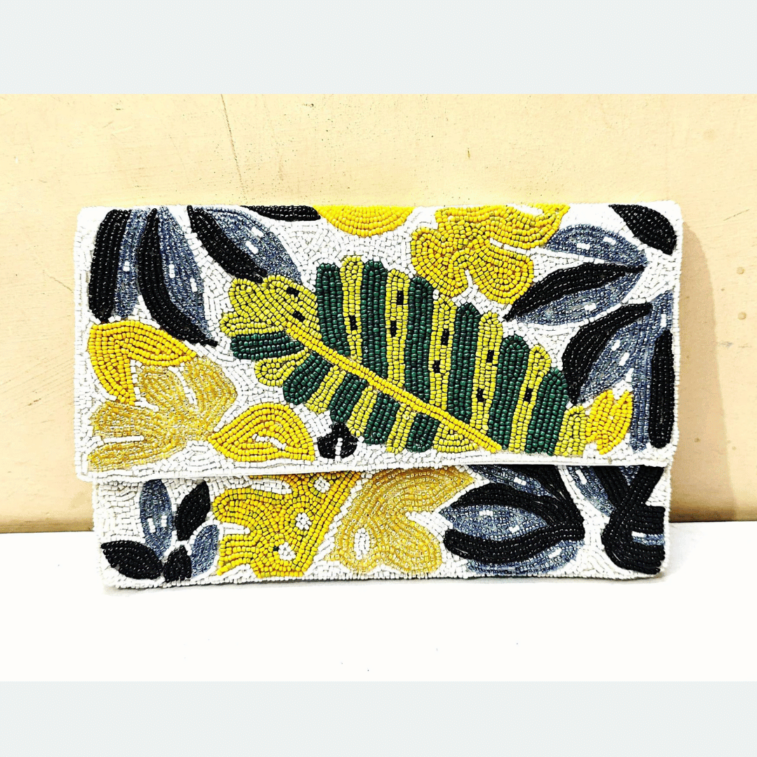 Yellow Leaf Beaded Clutch – Elegant Patterned Handbag