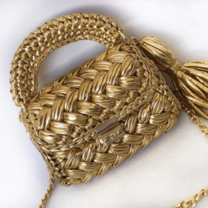 Luxury Golden Braided Handcrafted Bag with Metallic Finish & Chain Strap