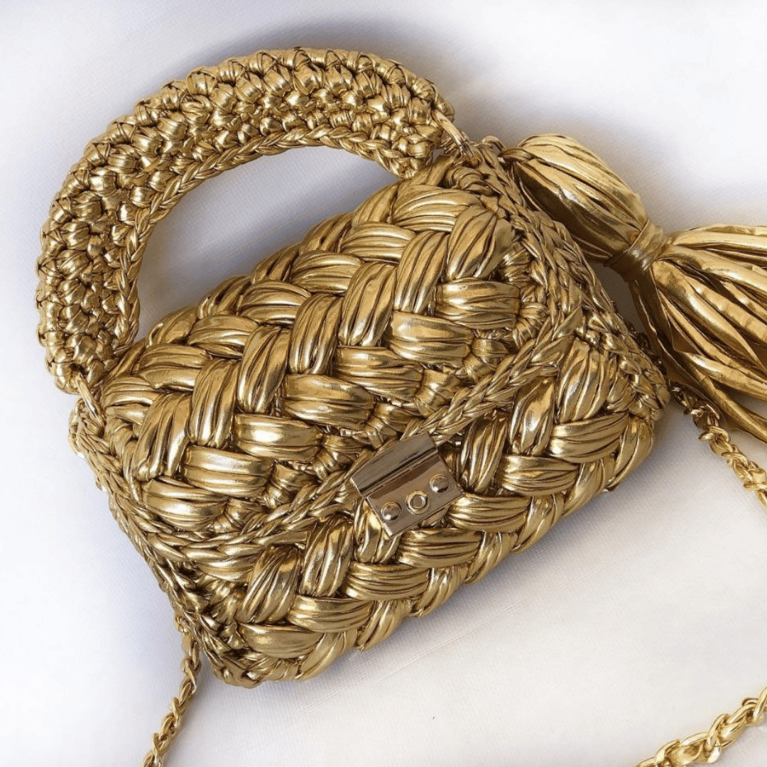 Luxury Golden Braided Handcrafted Bag with Metallic Finish & Chain Strap