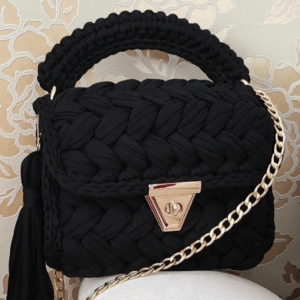 Handcrafted Black Braided Crochet Bag with Gold Chain Strap