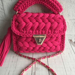 Vibrant Pink Handcrafted Crochet Bag with Gold Chain Detailing