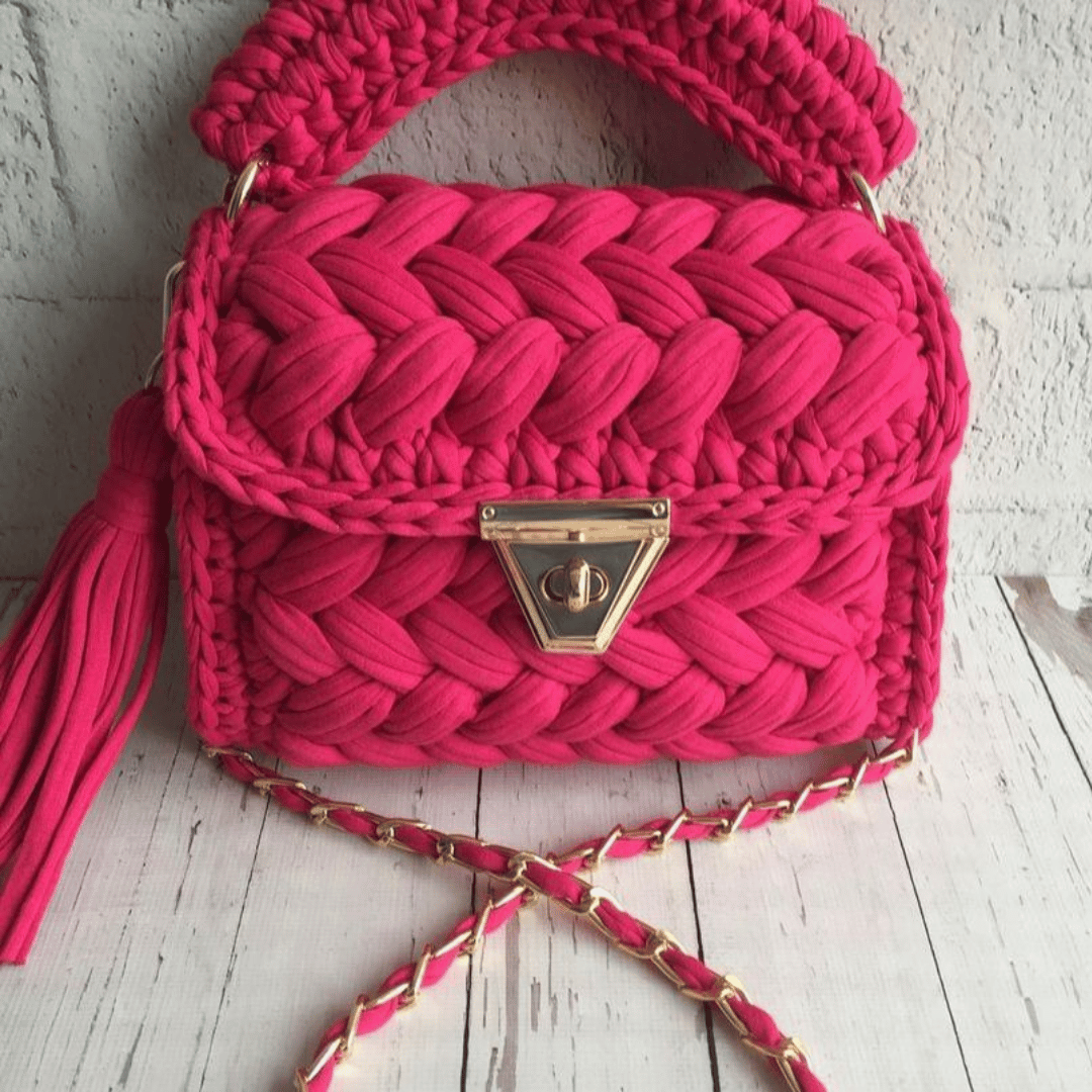 Vibrant Pink Handcrafted Crochet Bag with Gold Chain Detailing