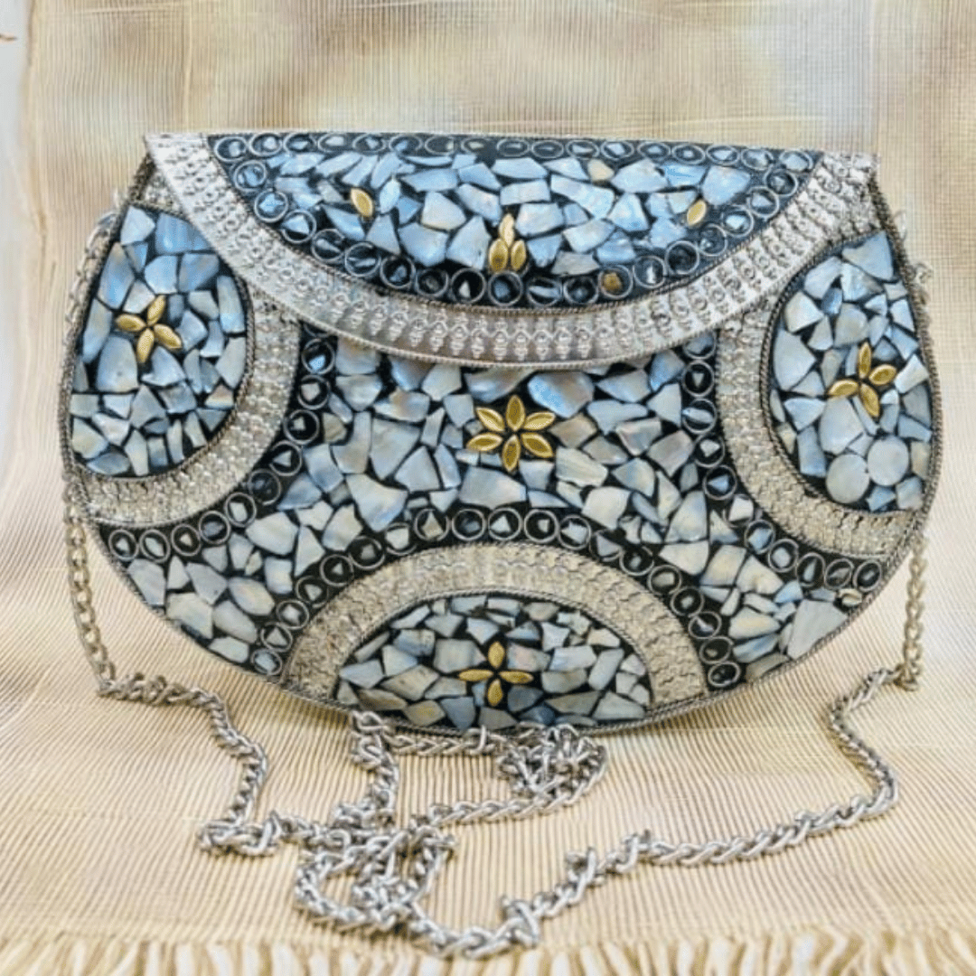 Floral Mosaic Metal Clutch – Handcrafted Glam Purse